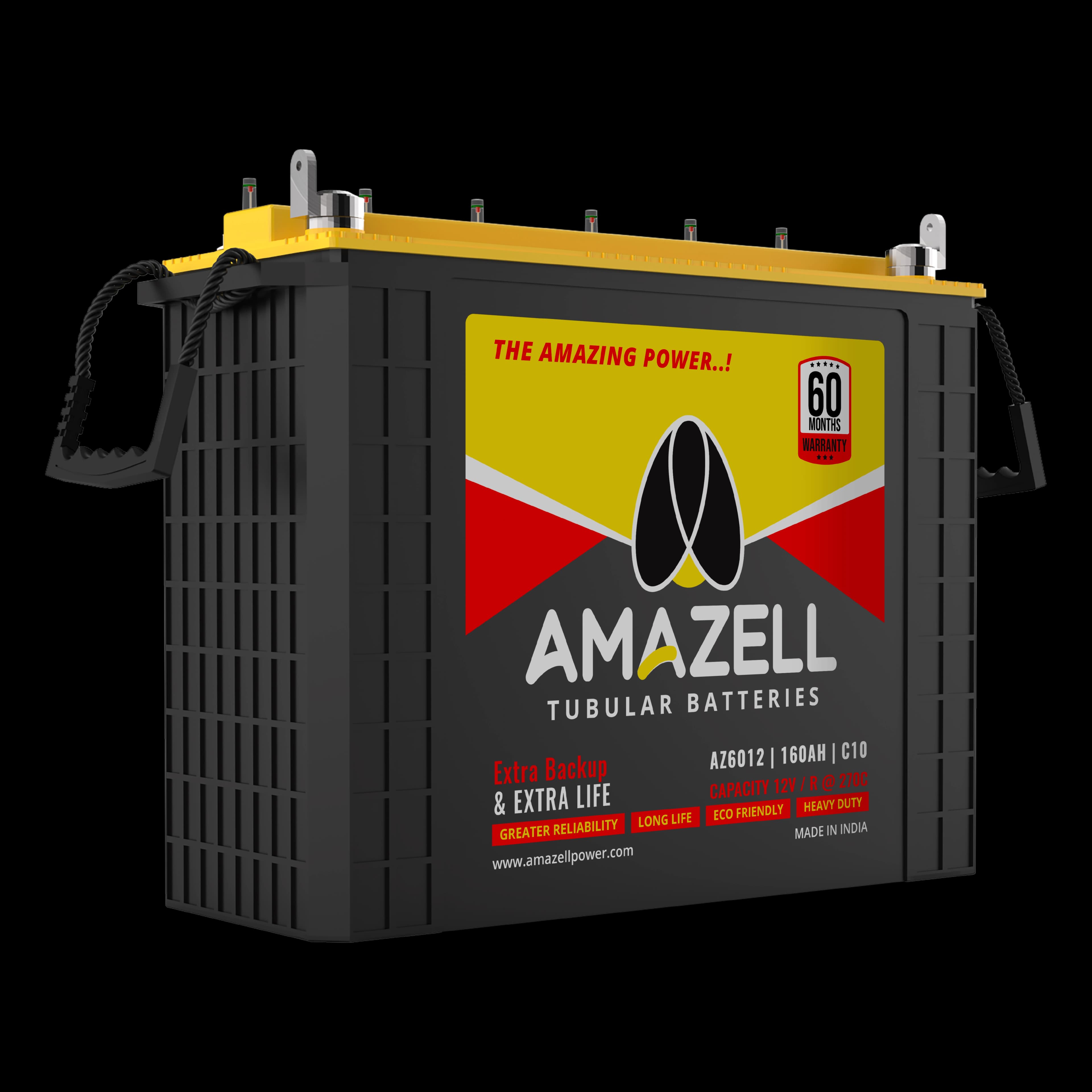 Isometric view of the black and yellow Amazell tubular battery series